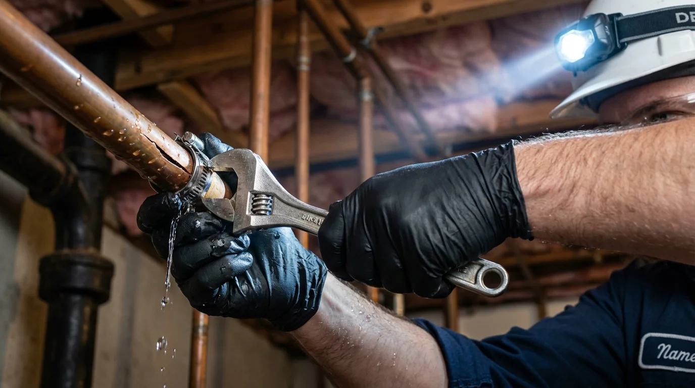 Emergency pipe clamp repair being performed by a Johns Plumbing LLC plumber in Mount Juliet