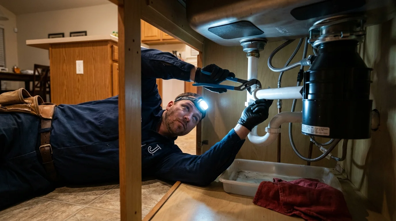P-trap and supply line connections under a kitchen sink showing a common leak point in Mount Juliet, TN